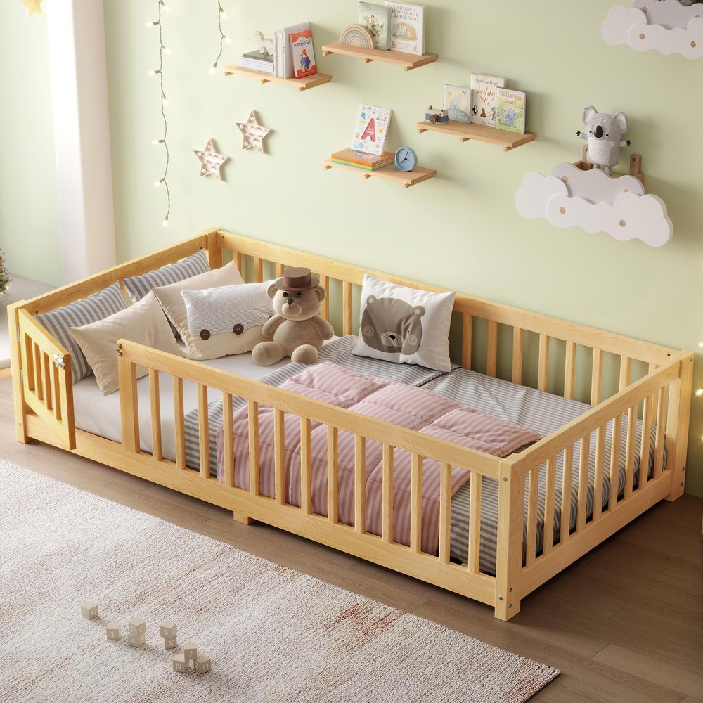 ACQCA Twin Size Floor Bed with Fence and Lockable Door, Wood Montessori Bed Frame with Slat Support for Kids,Boys,Girls,Easy Assembly, Natural