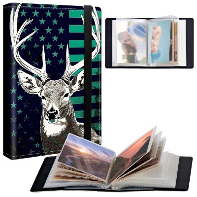 BPQOJB Small Photo Album 4x6 inch 120 Pockets Photos Pu Leather Cover Photo Albums With Elastic Band Design Cute Photo Album For Family Wedding Anniversary Travel - Green Flag Deer