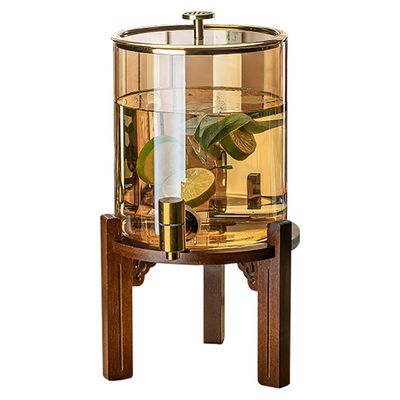 CAKERS Large Capacity Beverage Dispenser|Water Dispenser With Leak-Free Spigot|Wide Mouth Easy Filling Juice Dispenser|Glass Drinks Dispenser For Juice,Beer,Punch,Iced Tea,Amber Color 3.5L,Wood Base