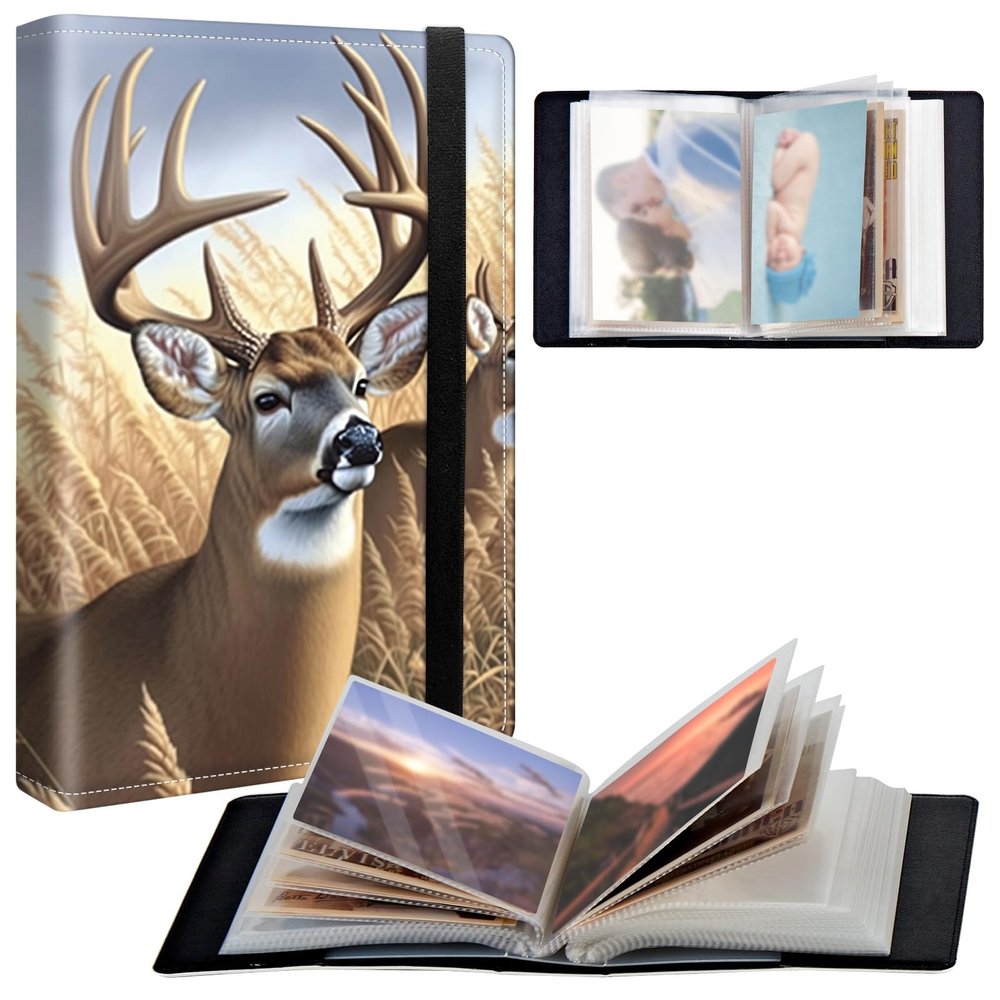 BPQOJB Small Photo Album 4x6 inch 120 Pockets Photos Pu Leather Cover Photo Albums With Elastic Band Design Cute Photo Album For Family Wedding Anniversary Travel - Deer