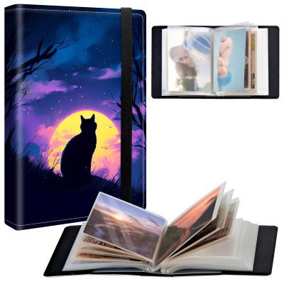 BPQOJB Small Photo Album 4x6 inch 120 Pockets Photos Pu Leather Cover Photo Albums With Elastic Band Design Cute Photo Album For Family Wedding Anniversary Travel - Cat under the Galaxy Moon