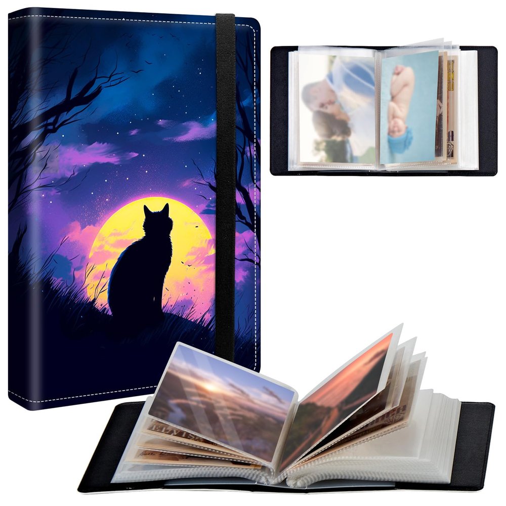 BPQOJB Small Photo Album 4x6 inch 120 Pockets Photos Pu Leather Cover Photo Albums With Elastic Band Design Cute Photo Album For Family Wedding Anniversary Travel - Cat under the Galaxy Moon