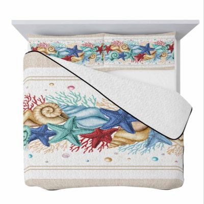 Twin XL Size Quilt Set,Ocean Coral Beach Starfish Conch Lightweight Bedspread Coverlet Set Soft Microfiber Summer Quilt with 2 Pillow Shams,Summer Nautical Vintage Linen 3 Piece Comforter Bedding Set