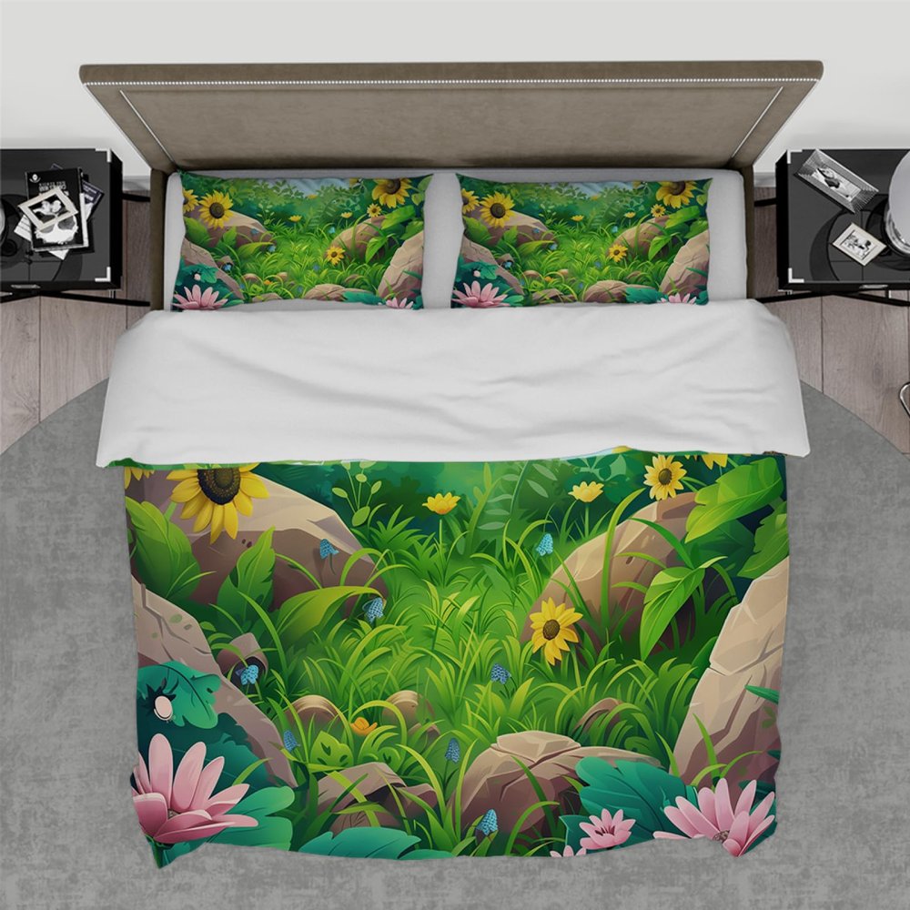 HOBBOY Cartoon Kids Duvet Cover Floral Bedding Set 3 Piece Green Grass Yellow Sunflower Pink Daisy Print Duvet Cover Set 2 Pillowcases Twin