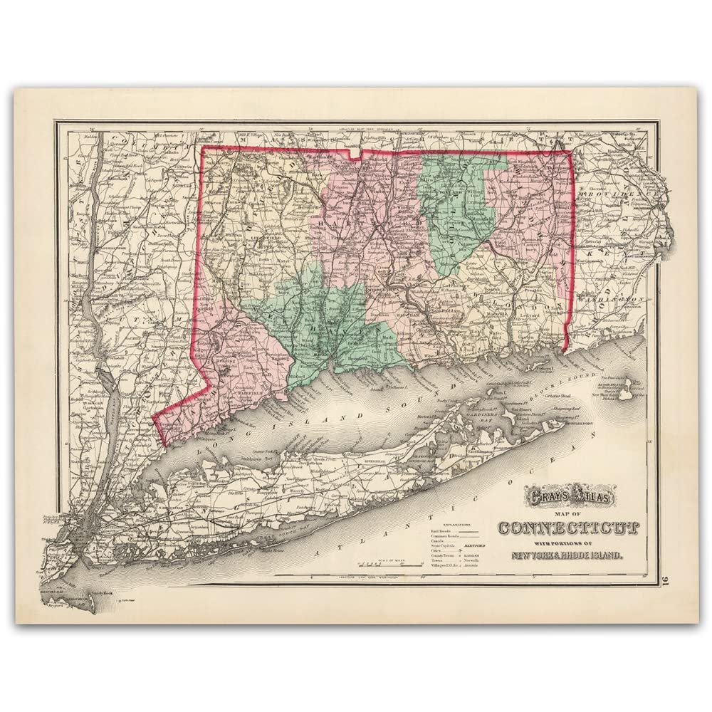 1874 Connecticut Map - 11x14 Unframed Art Print - Perfect Wall Decor in This Highly Detailed Restored Reproduction