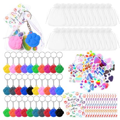 Ecation 280 Pcs Dog Paw Party Favor Include Cute Dog Keychain Puppy Paw Sticker Label with Organza Bag for Birthday Party Decoration