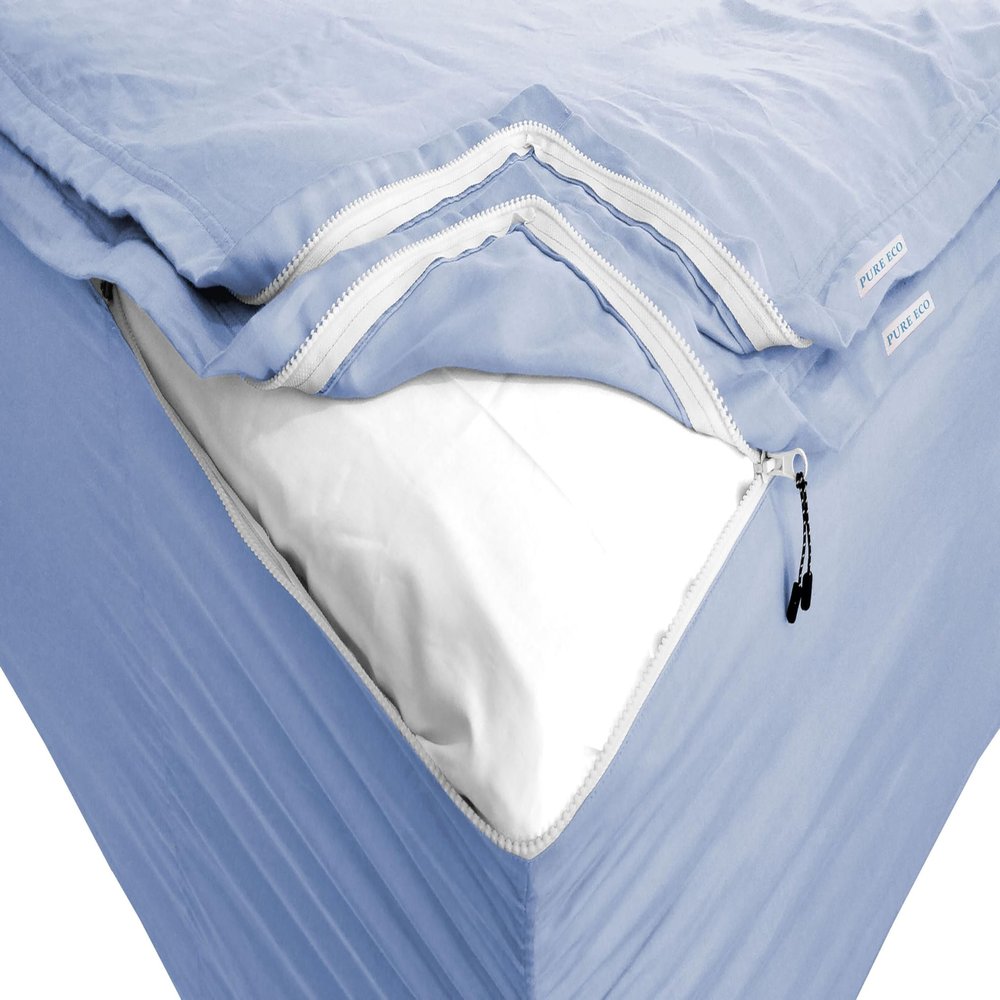 Pure Eco Zip On Fitted Sheet Cal King (72X84) + 10 Inch Deep Pockets - Includes 2 Zip-On Sheets & 1 Fitted Sheet Base - Cal King Size Zipper Fitted Sheets - Cotton 600 TC Fitted Sheet - Sky Blue