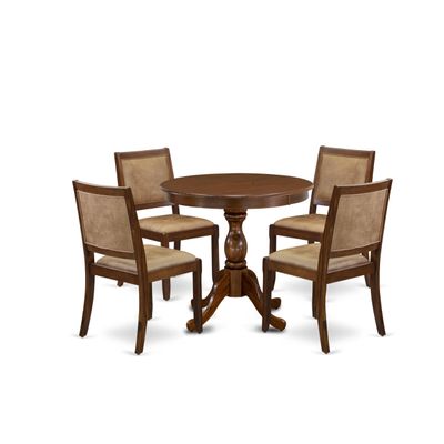 East West Furniture ASX25-AWA-28 -5 Piece Dining Set Includes a Round Kitchen Table with Antique Walnut Tabletop and 4 Stackable Polyester Fabric Chairs, Antique Walnut