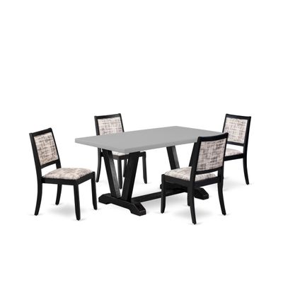 East West Furniture V696X2630-5 - 5-piece modern dining set consists of a dinner table with Cement top and 4 stackable chairs with White and Gray Pattern Polyester Fabric - Wire-brushed Black