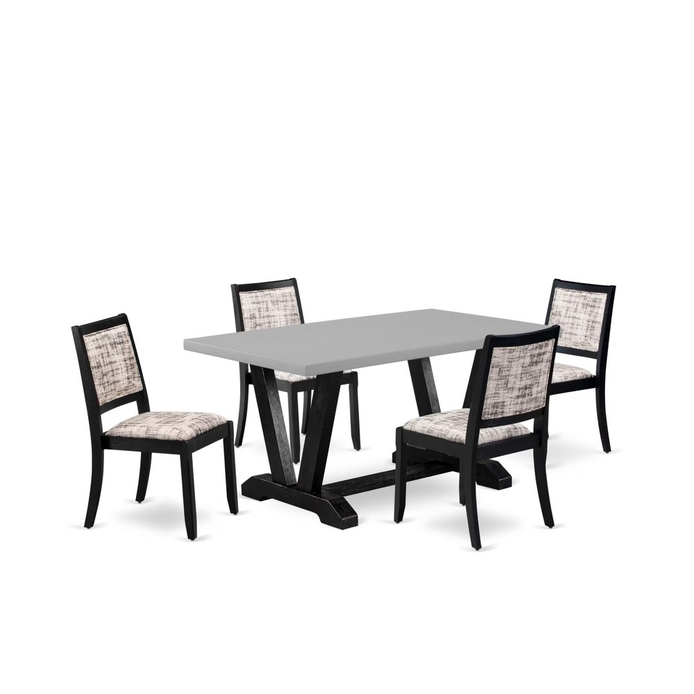 East West Furniture V696X2630-5 - 5-piece modern dining set consists of a dinner table with Cement top and 4 stackable chairs with White and Gray Pattern Polyester Fabric - Wire-brushed Black