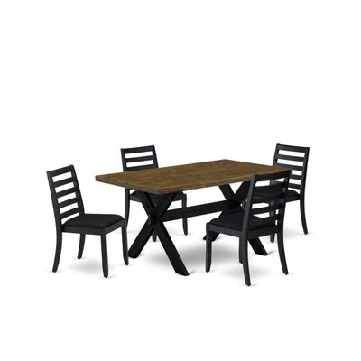 East West Furniture X676X1624-5 - 5-piece dining set consists of a dinner table with Distressed Jacobean top and 4 stackable kitchen chairs with Black Polyester Fabric - Wire-brushed Black
