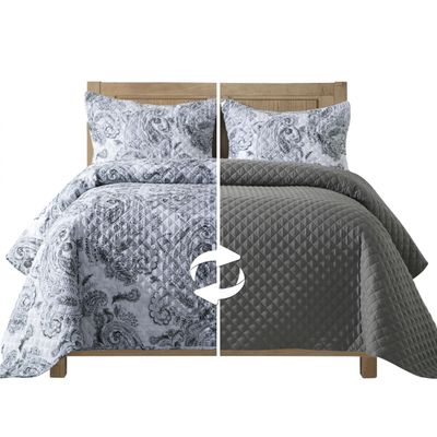 Elegant Comfort 3-Piece Boho Quilted Reversible Floral Paisley Bedspread Coverlet Set with Pillow Shams, Premium Stitching All Season Heavy Weight-Ultra Soft Luxury Quilt- Twin, Gray