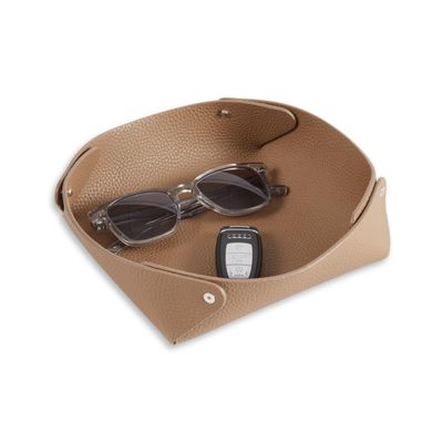 Bey-Berk Alex Genuine Leather Valet Tray (Taupe), 7" x 7" Round Snap-Corner Catchall, Lay-Flat Nightstand and Desk EDC Organizer for Keys, Watch and Jewelry