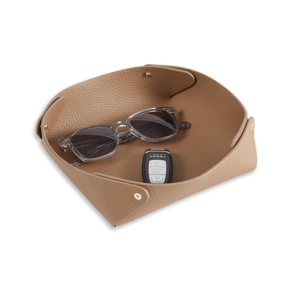 Bey-Berk Alex Genuine Leather Valet Tray (Taupe), 7" x 7" Round Snap-Corner Catchall, Lay-Flat Nightstand and Desk EDC Organizer for Keys, Watch and Jewelry