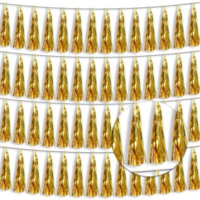 4P Gold Foil Fringe Tassel Banner Garland Metallic Tinsel Streamers Wall Hanging Curtain Backdrop Banner for Parade Floats, 2024 Graduation Decorations, Wedding Party Decoration