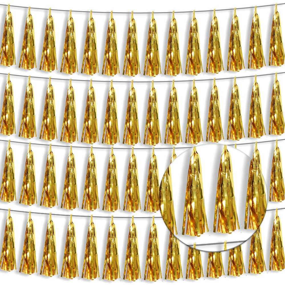 4P Gold Foil Fringe Tassel Banner Garland Metallic Tinsel Streamers Wall Hanging Curtain Backdrop Banner for Parade Floats, 2024 Graduation Decorations, Wedding Party Decoration