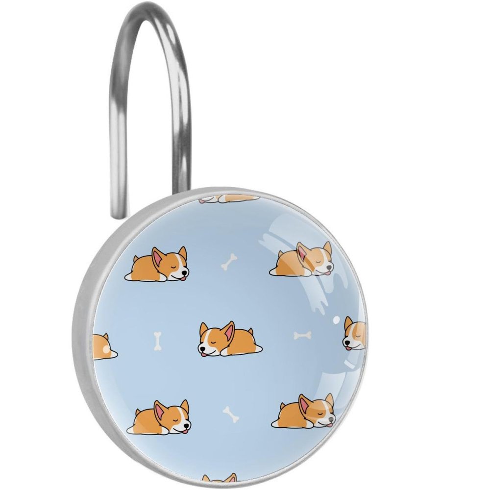 Blue Sleeping Corgi Shower Curtain Hooks Rings Set of 12 Shower Hooks for Curtain Rustproof Decorative Shower Rings for Bathroom