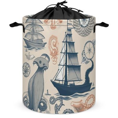 Round Laundry Basket with Handles Personalized Laundry Hamper for Bedroom Lighthouse Sailboat Fish Shells Octopus Circular Laundry Lightweight Waterproof Storage Basket Dirty Clothes Hamper for Bathro