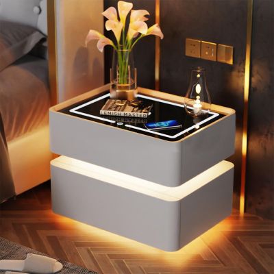 End Table With USB Ports&Power Outlets Nightstand With Charging Station Led Nightstand 2 Drawer Bedside Tables Smart Nightstand Bedside Table For Bedroom,for Living Room Or Bedroom(Color:White,Size:19