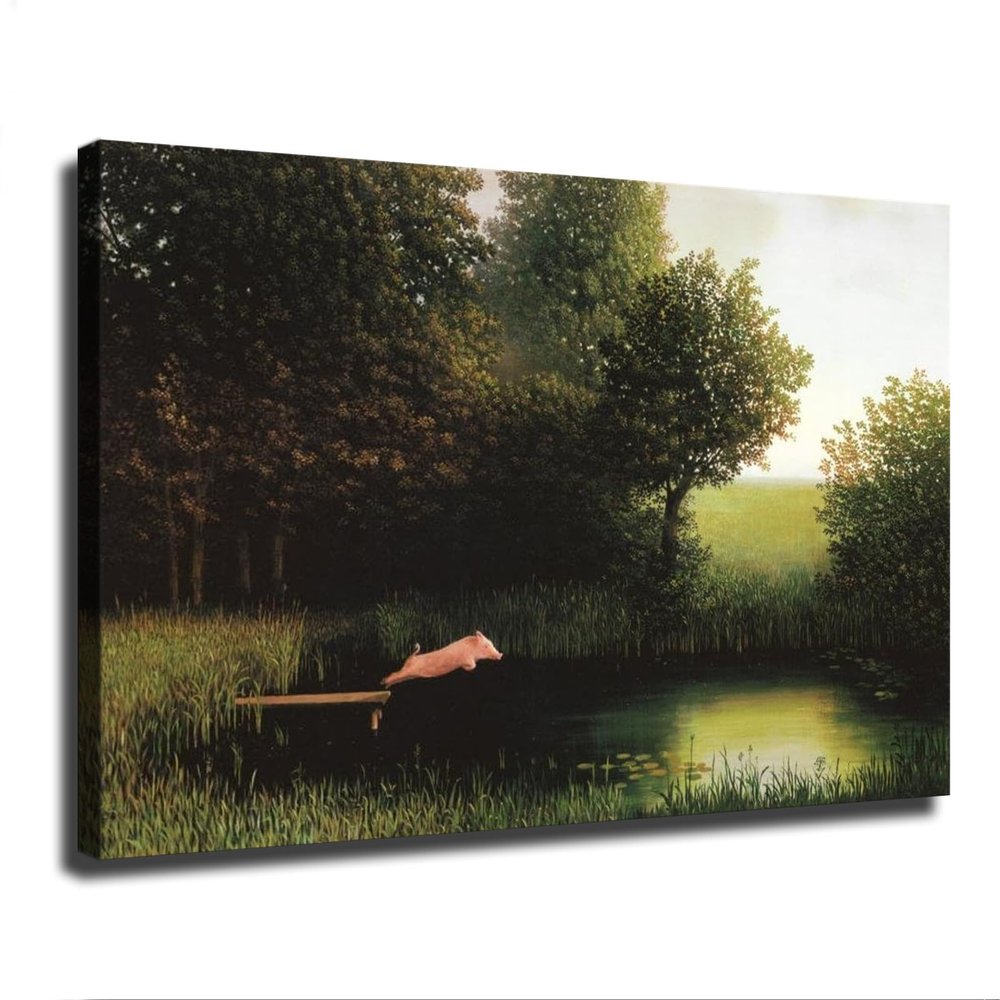ZjkhOp Diving Pig By Michael Sowa Kohler's When Pigs Fly Humorous Fantasy Framed Poster Modern Wall Art HD Picture Canvas Printing Family Bedroom Office Artwork Decor (12x18-framed)