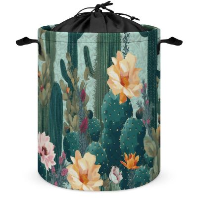 Round Laundry Basket with Handles Personalized Laundry Hamper for Bedroom Summer Floral Cactus Circular Laundry Lightweight Waterproof Storage Basket Dirty Clothes Hamper for Bathroom Dorm