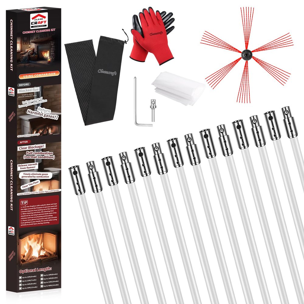 Cleancraft 46 Feet Chimney Sweep Kit, Chimney Cleaning Kit with 14 Flexible White Chimney Rods, Chimney Brush for Sweeping Fireplace, Rotary Chimney Cleaning System Driven by Drill