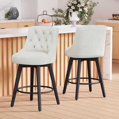 Erdoru Counter Height Bar Stools Set of 2 with Back, 26H Upholstered Swivel Barstools with Solid Wood Legs for Kitchen Island, Performance Modern Fabric Counter Stools, Ivory