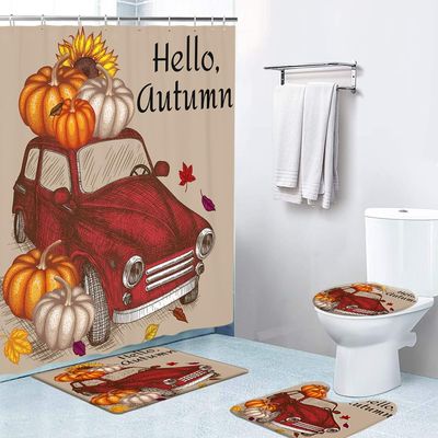4 Pcs Hello Autumn Vintage Car with Pumpkin Harvest Shower Curtain Set Decor Waterproof with 12 Hooks and Non-Slip Rugs Toilet Lid,72x72