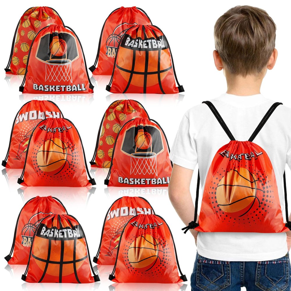 PLMMOUT 12Pcs Basketball Drawstring Bags,Basketball Party Favors Goodie Bag,Backpacks Gift Bags for Sports Party Supplies(Orange)