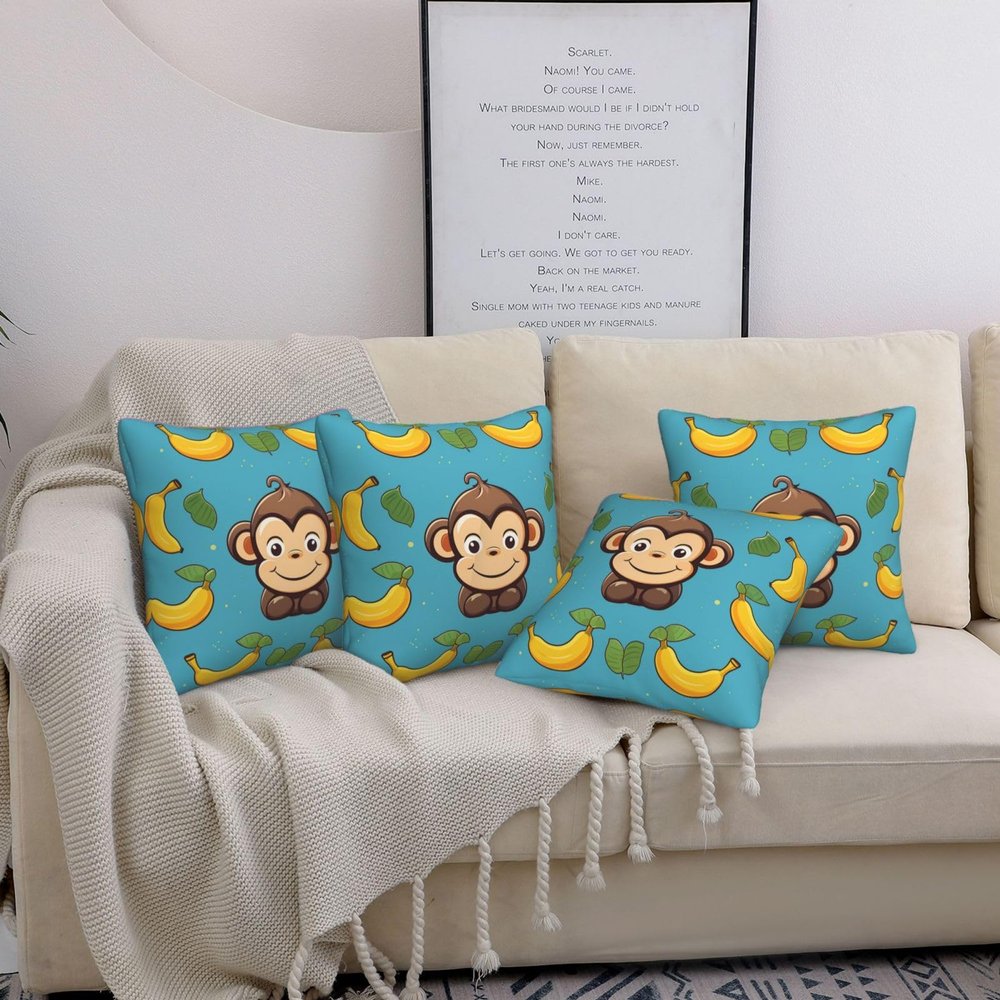 BTCOWZRV Monkey and Banana Pattern Throw Pillow Cover Soft Decorative Pillowcase Set of 4 Modern Square Pillow Cases 12"X12" Farmhouse Cushion Cover Case for Living Room Bedroom Sofa