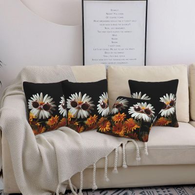 BTCOWZRV Two Daisies Wearing Sunglasses Throw Pillow Cover Soft Decorative Pillowcase Set of 4 Modern Square Pillow Cases 16"X16" Farmhouse Cushion Cover Case for Living Room Bedroom Sofa