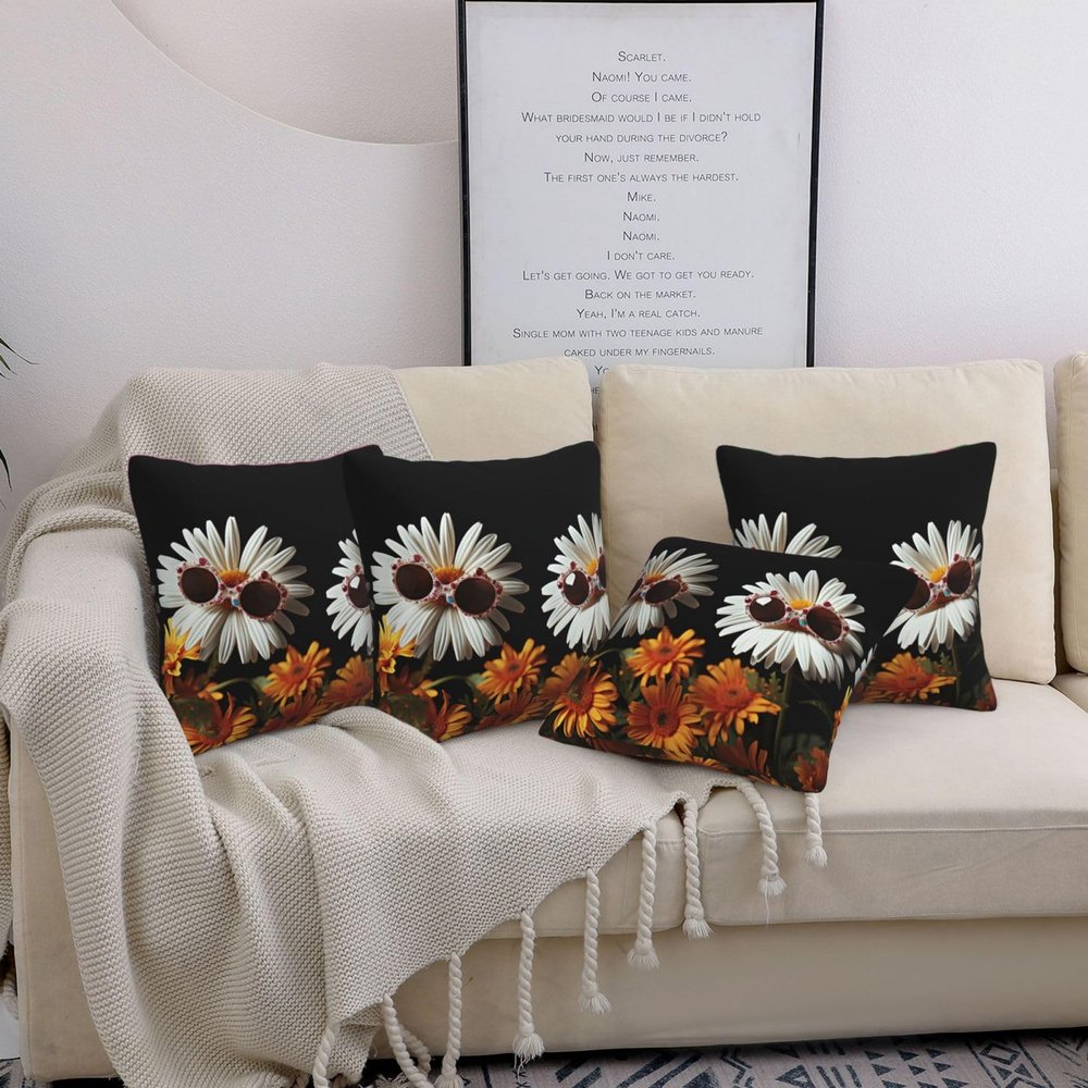 BTCOWZRV Two Daisies Wearing Sunglasses Throw Pillow Cover Soft Decorative Pillowcase Set of 4 Modern Square Pillow Cases 16"X16" Farmhouse Cushion Cover Case for Living Room Bedroom Sofa