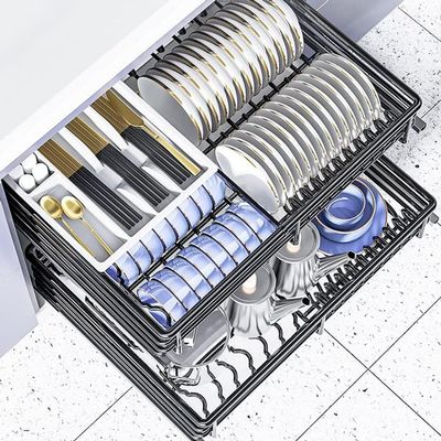 2 Tier Sliding Pull Out Drawers for Kitchen Cabinets, 304 Stainless Steel Wire Basket with Drain Pan and Damping Guide Dish Rack Slide Out Cookware Organizer, Easy to Assemble, 74*47*14cm, Black
