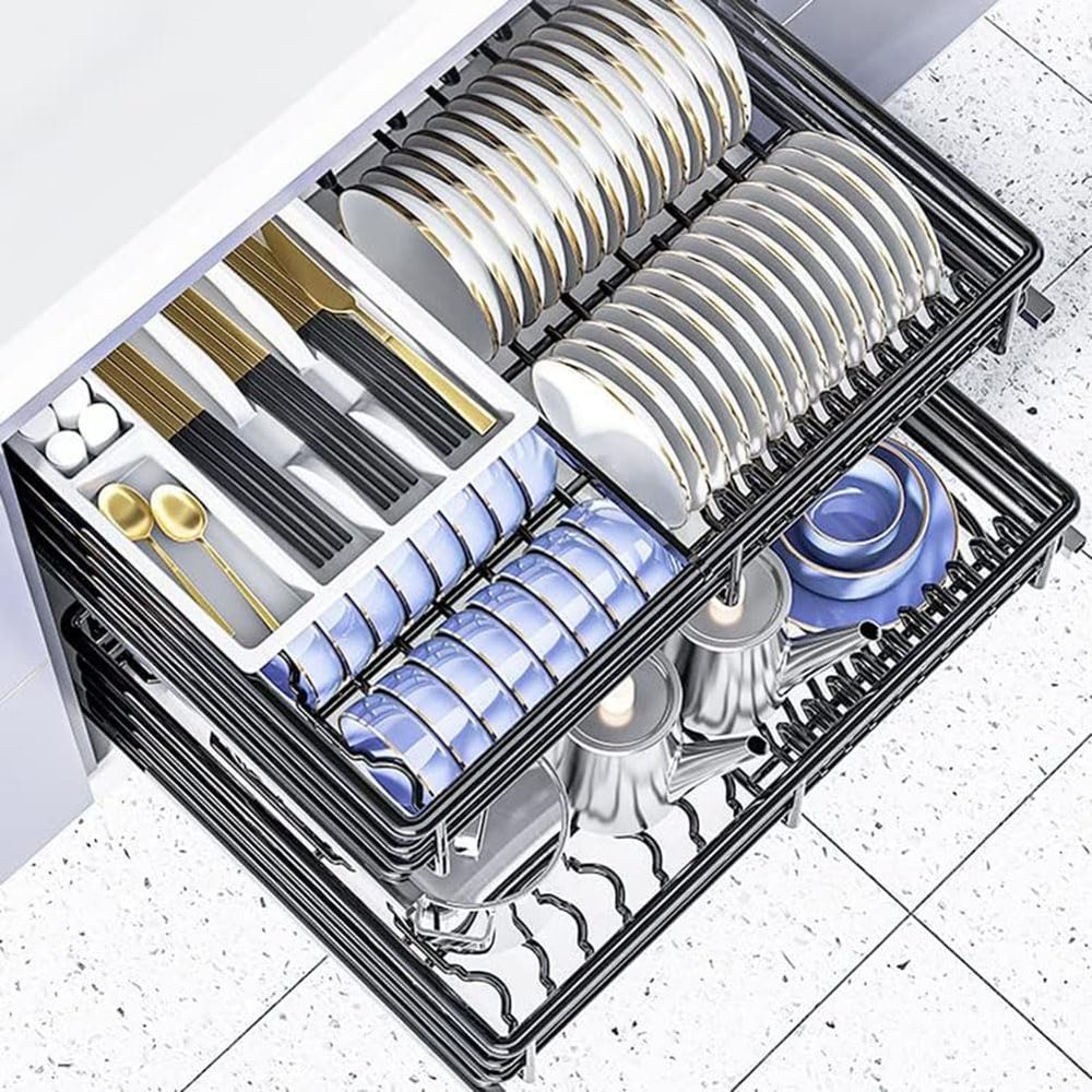 2 Tier Sliding Pull Out Drawers for Kitchen Cabinets, 304 Stainless Steel Wire Basket with Drain Pan and Damping Guide Dish Rack Slide Out Cookware Organizer, Easy to Assemble, 74*47*14cm, Black