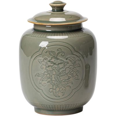 Sealed Tea Caddy Celadon Embossed Window Flower Tea Storage Jar Sealed Jar Household Tea Storage Jar Ceramic Storage Jar Storage Jar Tea Jar with Lid