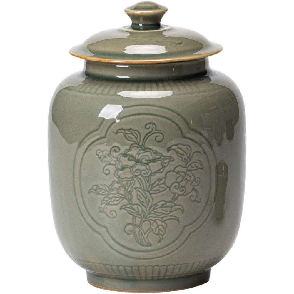 Sealed Tea Caddy Celadon Embossed Window Flower Tea Storage Jar Sealed Jar Household Tea Storage Jar Ceramic Storage Jar Storage Jar Tea Jar with Lid