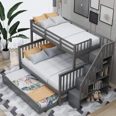 Morhome Twin Over Full Size Bunk Bed with Trundle and Storage Stairs, Solid Wood Stairway Triple Bunk Beds Stairway and Full-Length Guard Rail for Kids Teens Adults Bedroom, Can Be Divided