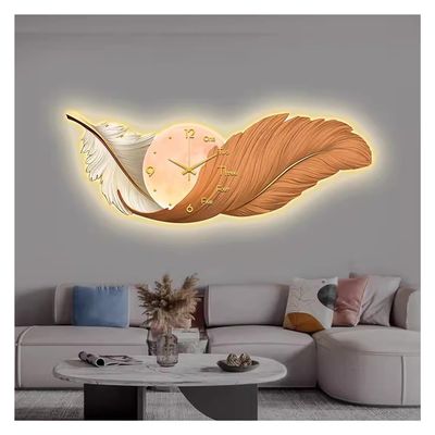 Luxury Feather Wall Art, Backlight Nightlight Feather Wall Art Wall Clock Wall Decoration W/LED Light & Clock Large Wall Hanging Decoration Artwork For Living Room Bedroom Decor(Color:Orange-B,Size:15