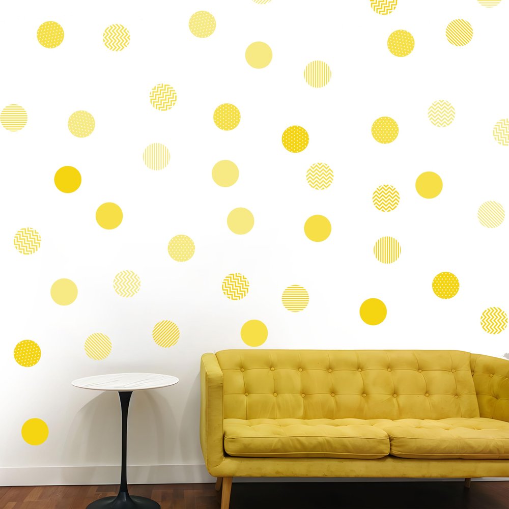 Boho Polka Dot Wall Sticker, 48 Removable and Repositionable Pattern Decals - Premium Fabric Material, Polka Dots, Stripes, Chevrons and Solid in 3 Shades of a Color (Yellow)