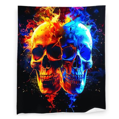 Skull 50" x 60" Fire Ice Fantasy Art Cool Halloween Super Soft Bedding Fleece Throw Blanket Luxury Bed Blanket Sofa Living Room Bedroom Warm Lightweight for Men and Women