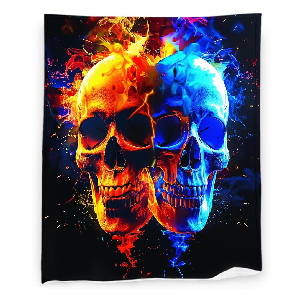 Skull 50" x 60" Fire Ice Fantasy Art Cool Halloween Super Soft Bedding Fleece Throw Blanket Luxury Bed Blanket Sofa Living Room Bedroom Warm Lightweight for Men and Women