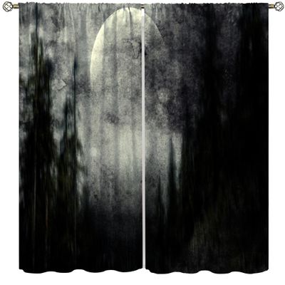 Halloween Gothic Misty Forest Curtains,Weird Foggy Moon Forest Printed Rod Pocket Darkening Window Curtains for Living Room Bedroom Decor 84" W X 84" L