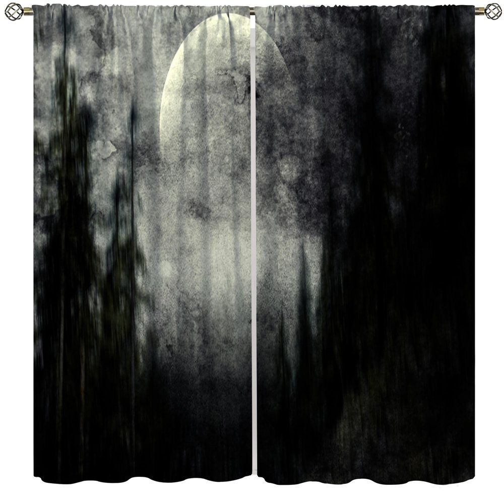 Halloween Gothic Misty Forest Curtains,Weird Foggy Moon Forest Printed Rod Pocket Darkening Window Curtains for Living Room Bedroom Decor 84" W X 84" L