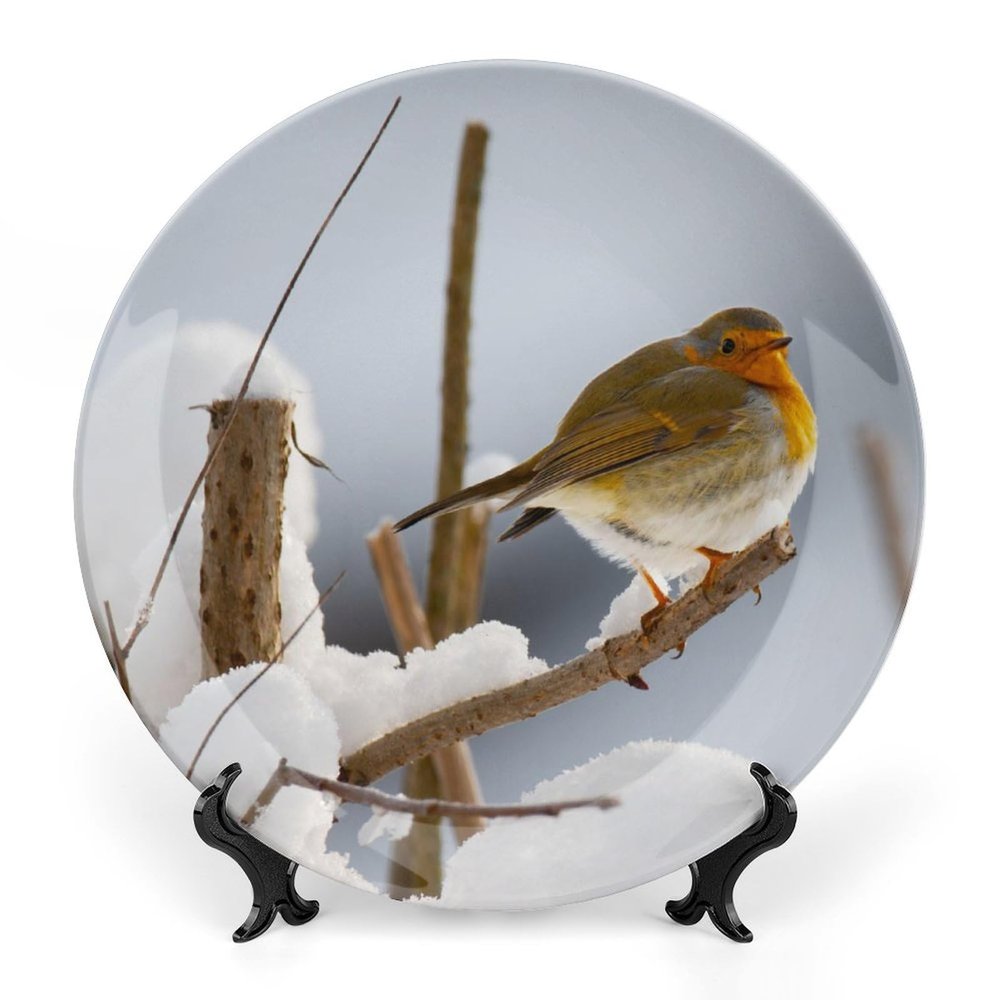 6" Decorative Plate for Wall Hanging Robin Bird Feathers Ceramic Plate with Display Stand Modern Dinner Dessert Dish for Home Office Table Decor Holiday Ornament