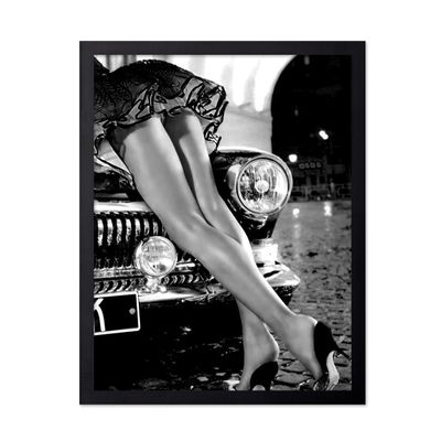 Poster Master Sexy Legs on Classic Car Poster - Woman in High Heels Print - Girly Art - Black and White Illustration - Photography Print - Chic Girl's Bedroom Wall Decor - 16x20 Black Framed
