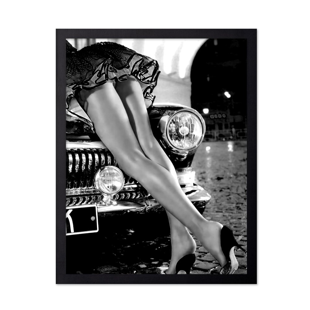 Poster Master Sexy Legs on Classic Car Poster - Woman in High Heels Print - Girly Art - Black and White Illustration - Photography Print - Chic Girl's Bedroom Wall Decor - 16x20 Black Framed