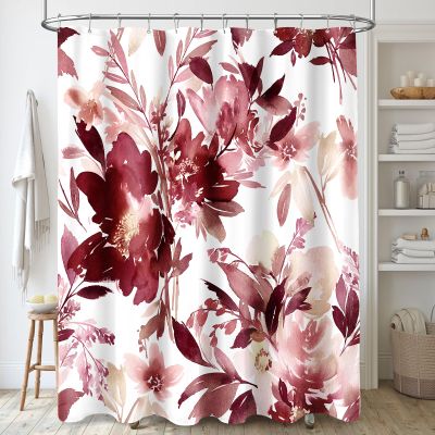 MAYZUS Extra Long Shower Curtain 72 x 96 Inch, Floor to Ceiling X-Long Tall Watercolor Floral Fabric Shower Curtain, Modern Abstract Burgundy Red Flower Bathroom Shower Curtain Set with Hooks