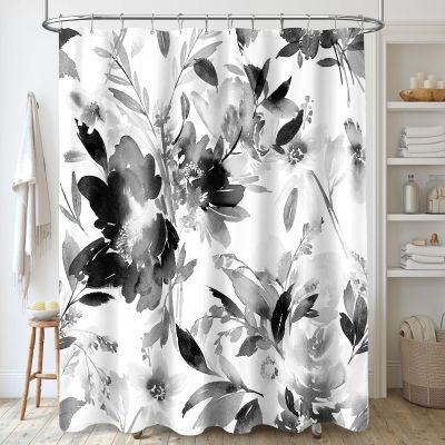 MAYZUS Extra Long Shower Curtain 72 x 96 Inch, Floor to Ceiling X-Long Tall Watercolor Floral Fabric Shower Curtain, Black and White Modern Abstract Flower Bathroom Shower Curtain Set with Hooks