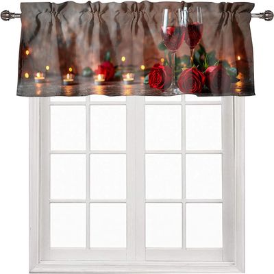 Red Rose and Wine Valance Curtains for Windows Floral Romantic Valentine Rod Pocket Window Valance for Kitchen Living Room Bathroom Home Decoration 54 x 18 Inch, 1 Panel