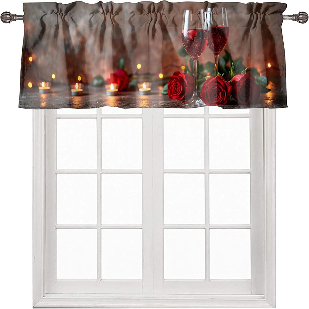 Red Rose and Wine Valance Curtains for Windows Floral Romantic Valentine Rod Pocket Window Valance for Kitchen Living Room Bathroom Home Decoration 54 x 18 Inch, 1 Panel
